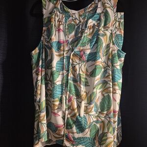 Rose & Olive Cream Sleeveless Leaf-Print Top And Pants with Teal & Pink Accents